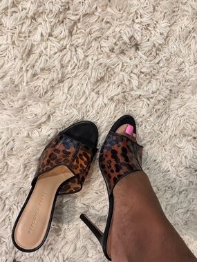 Veronica Beard Brown Leopard Clear Panel Slide Heels